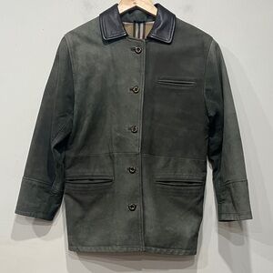Burberry Vintage Green Black Leather Nubuck Jacket Collared Lined size 8